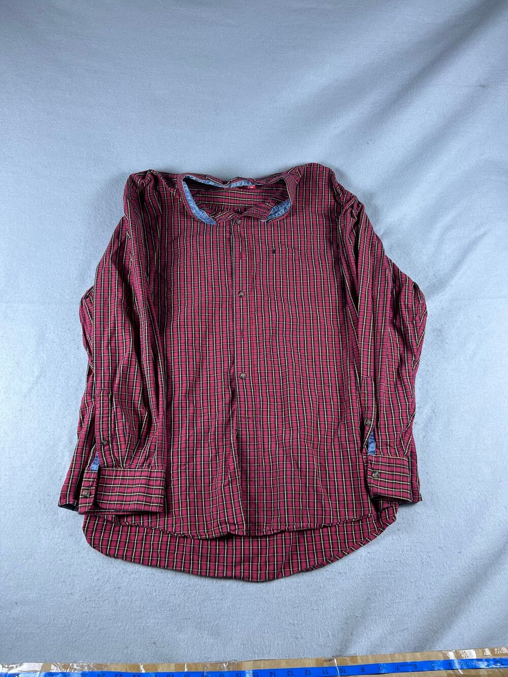 IZOD Shirt Mens XXL Red Black Long Sleeve Button Up Check Denim Trim Classic